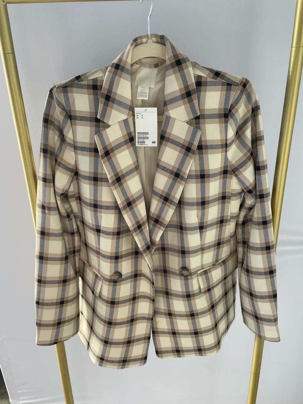 H&M Double-Breasted Plaid Blazer Cream Check